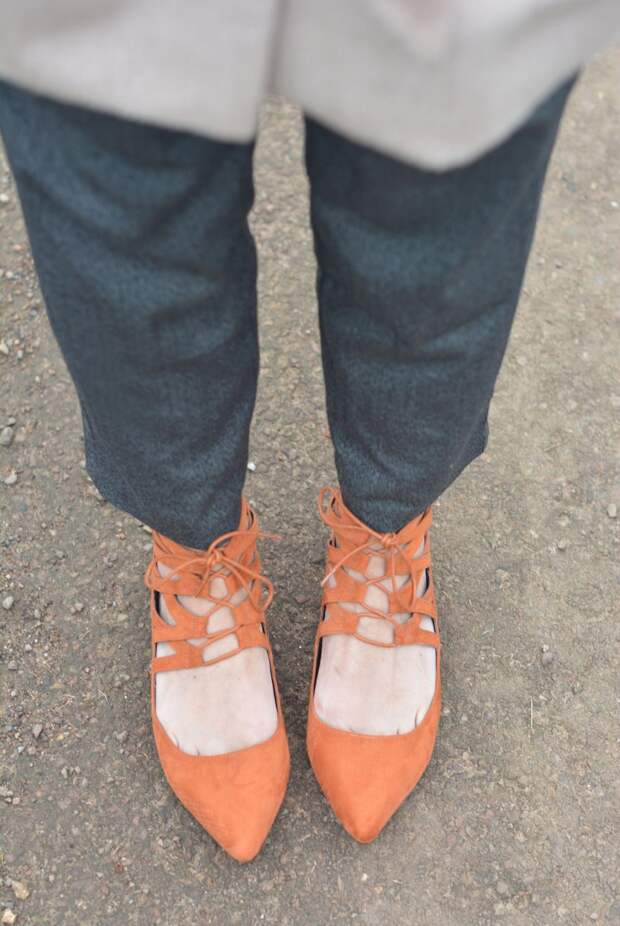 Winter neutrals, orange lace-up flats