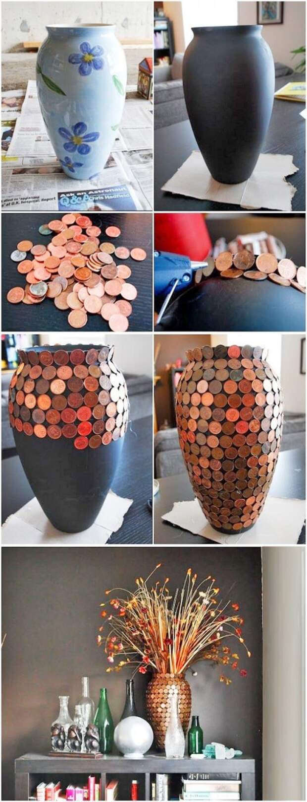 Обычные вазы можно превратить в привлекающие внимание, интересные вещи. Обклеить их монетами — проще простого, а эффект! дизайн, креатив, монета, украшение