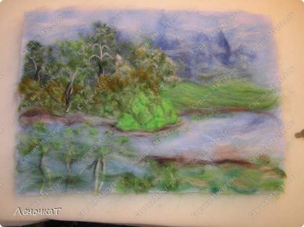 Картина панно рисунок Мастер-класс Валяние фильцевание Берёзовая роща у реки Шерсть фото 12