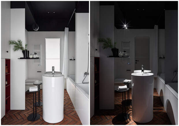 А так выглядит ванная комната при разном освещении. Зеркало во всю стену расширяет тесное пространство и делает помещение бесконечным