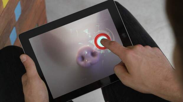 Человек будет водить пальцами световой сигнал на экране iPad. Он сможет также увидеть рыла свиней-игроков на своем планшетнике, как будто животное находится за прозрачным окном животные, факты