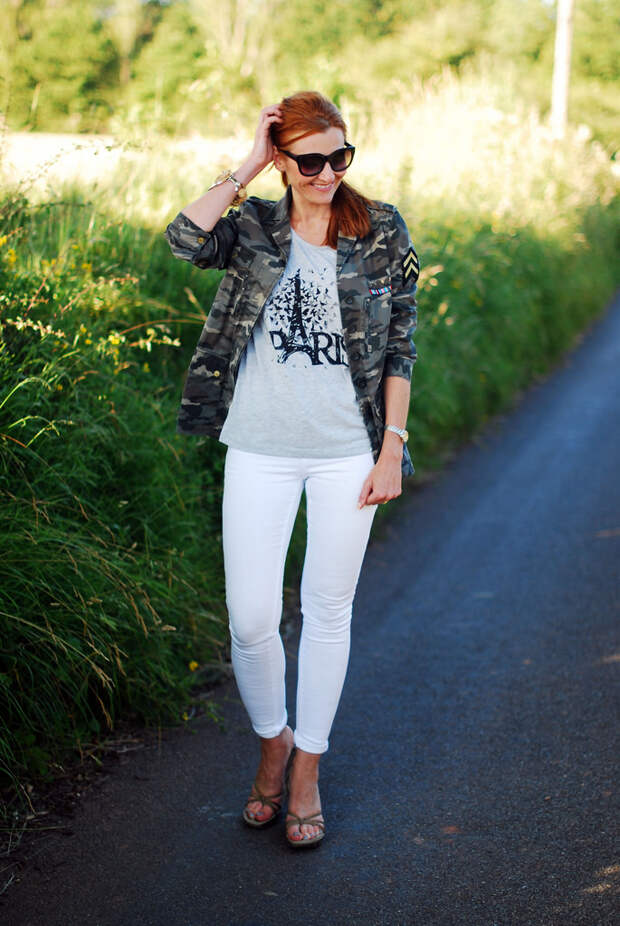 Camo jacket and white skinnies