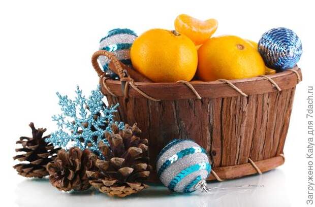 корзина с новогодними украшениями и мандаринами