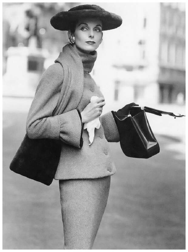 Anne St. Marie in Fath’s wool suit with collar-scarf and cuffs trimmed in beaver, wide brimmed hat also beaver,Vogue, September 1955 Photo Henry Clarke.jpg