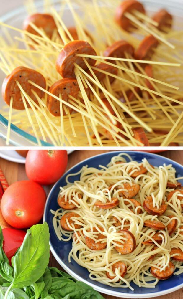37. Проткните сосиски спагетти и сварите еда, продукты, совет, хитрость