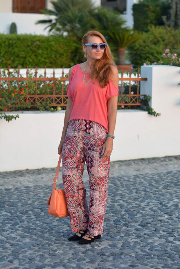 Boho chic - wide legged patterned pants, cold shoulder top | Not Dressed As Lamb