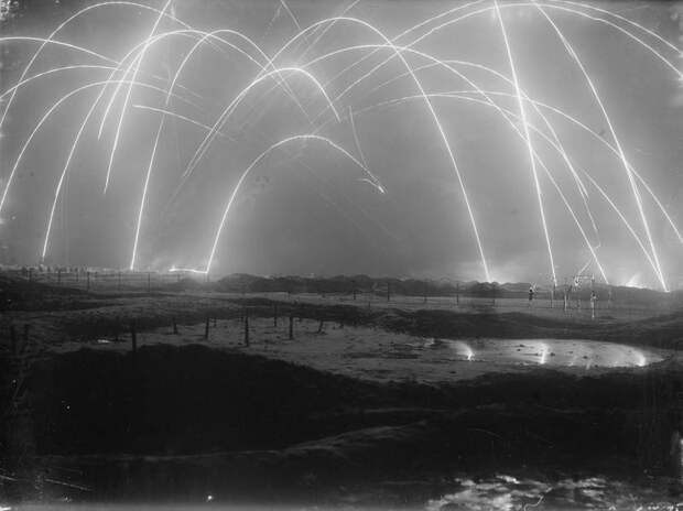 Long-exposure photograph of artillery shelling in WWI; ca.1917..jpg