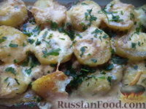Фото к рецепту: Печень, запеченная с картофелем и сыром