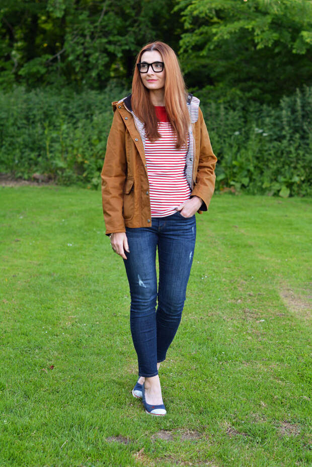 Tobacco-coloured waxed Barbour jacket, red Breton striped t-shirt, denim skinnies