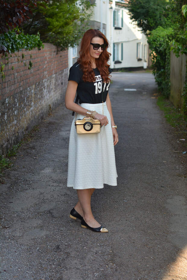 Graphic Adidas t-shirt, white midi, pointed flats