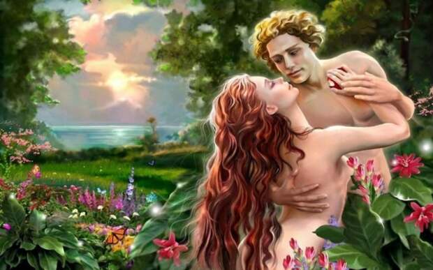 Адам и Ева в саду среди цветов./Фото: mtdata.ru
