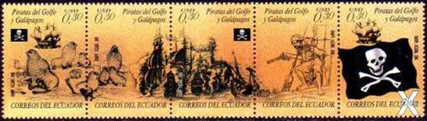 Пиратские корабли у Галапагосских островов. Марка Эквадора, 2006 год