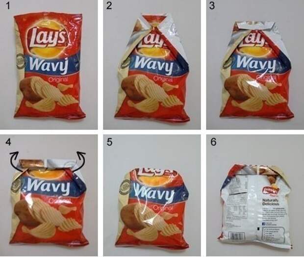 Удобный способ надежно и аккуратно закрыть пакетик с чипсами без подручных средств Удобный способ надежно и аккуратно закрыть пакетик с чипсами без подручных средств