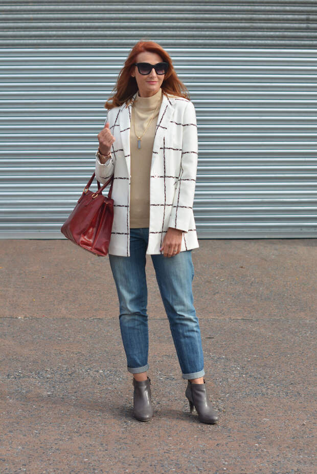Black and white window-pane check coat, boyfriend jeans, grey booties