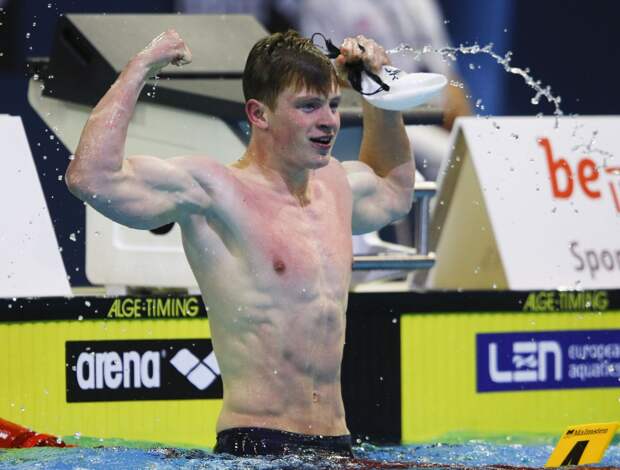 Adam Peaty of Britain celebrates after the men's 50m breaststroke semi-final at the European Swimming Championships in Berlin (Reuters)