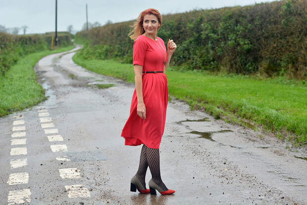 Red fit and flare dress, patterned tights