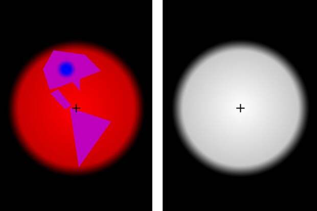 Не спускайте глаз с черного креста на левом изображении в течение 30 секунд. Потом переведите взгляд в правую сторону. Удивительно, да? Это называется "остаточным изображением".