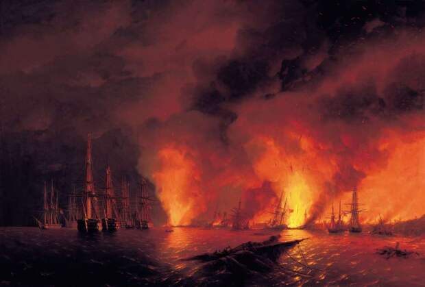 Синопский бой 18 ноября 1853 года (ночь после боя). 1853. Холст, масло - Айвазовский Иван Константинович
