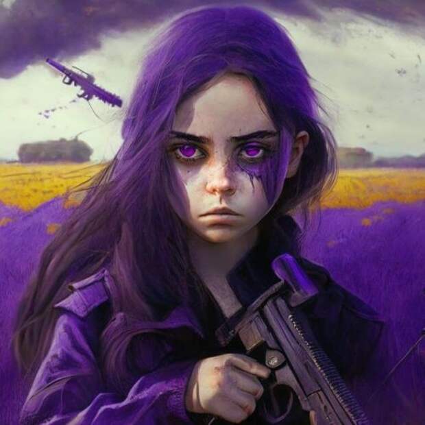 Нейросеть Kandinsky 2.1 от Сбера. Девушка с фиолетовыми глазами стоит на поле и держит ружье по версии Kandinsky 2.1. Нейросеть Kandinsky 2.1 от Сбера. Девушка с фиолетовыми глазами стоит на поле и держит ружье по версии Kandinsky 2.1. Фото.