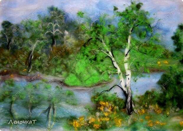 Картина панно рисунок Мастер-класс Валяние фильцевание Берёзовая роща у реки Шерсть фото 1