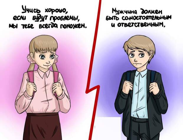 10 картинок о различиях в воспитании мужчин и женщин воспитание, женщина, иллюстрация, мужчина, различие