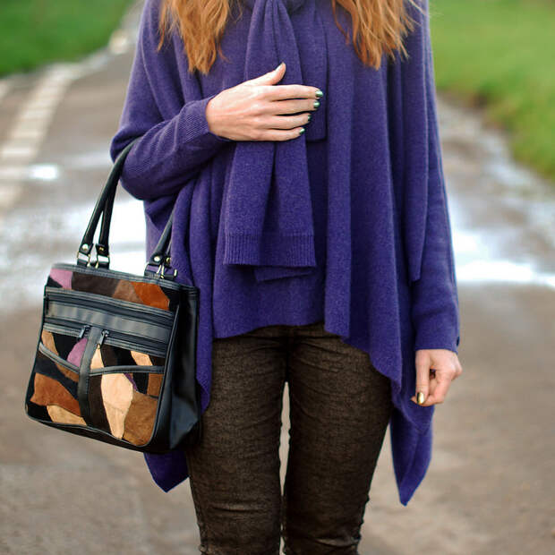 Purple poncho and patchwork bag