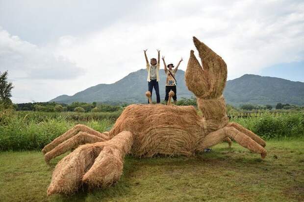 Гигантские соломенные динозавры вторглись на японские поля после уборки риса