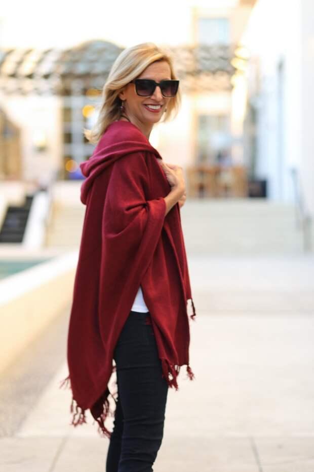 Jacket-Society-Merlot Hooded Poncho With Fringe-9726