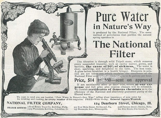 Реклама компании фильтров для воды производства National Filter Company of Chicago, Иллинойс, 1901. америка, история, реклама