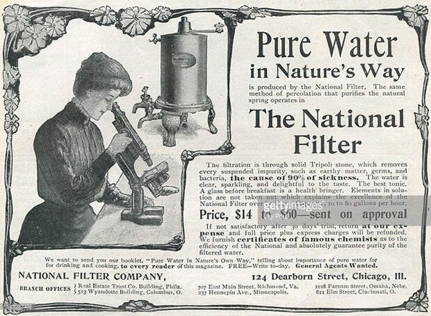 Реклама компании фильтров для воды производства National Filter Company of Chicago, Иллинойс, 1901. Реклама компании фильтров для воды производства National Filter Company of Chicago, Иллинойс, 1901. америка, история, реклама