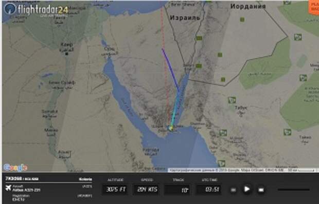 Скриншот с сайта Flightradar24.com с информацией о полете самолета Airbus-321 авиакомпании "Когалымавиа"
