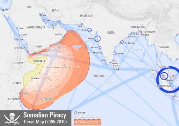 Места нападений сомалийских пиратов в 2005–2010 годах. Карта: Planemad по данным NGA — Maritime Safety Information.