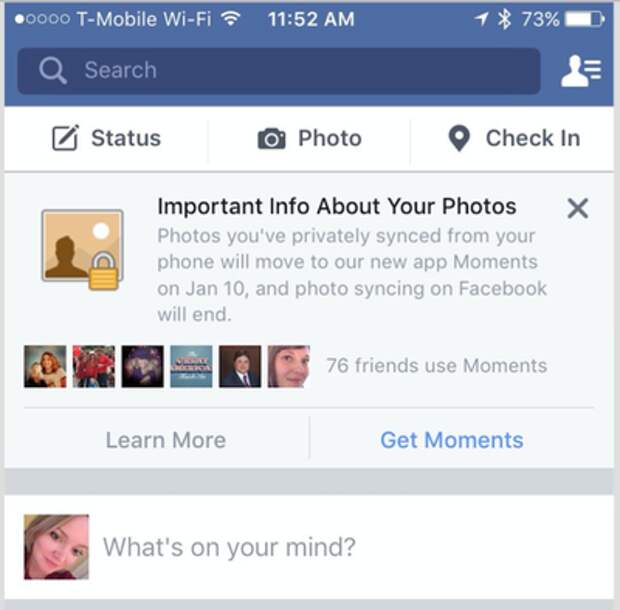 Facebook предупреждает о переезде на Moments