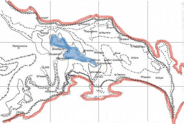Красным - береговая линия Апшерона (8-5 тыс. лет назад), черным - современная линия. 