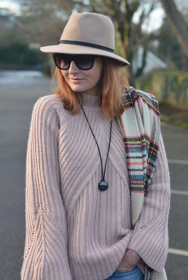 Blush Knitwear, Felt Fedora, Tartan Scarf, Long Coin Pendant