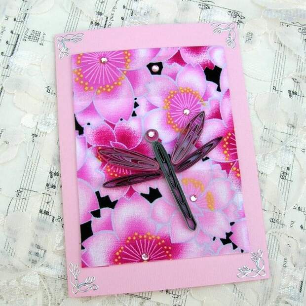 Paper Quilled SILVER and FUCHSIA DRAGONFLY on Fuchsia Pink Floral Fabric Handmade Greeting Card by Enchanted Quilling on Etsy