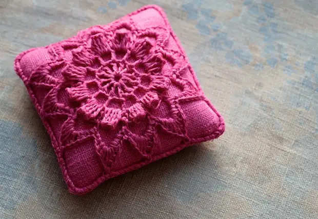 Linen  pincushion - crochet motif -- fuschia