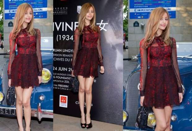 Zahia Dehar Wearing Red Roses Lace Dress