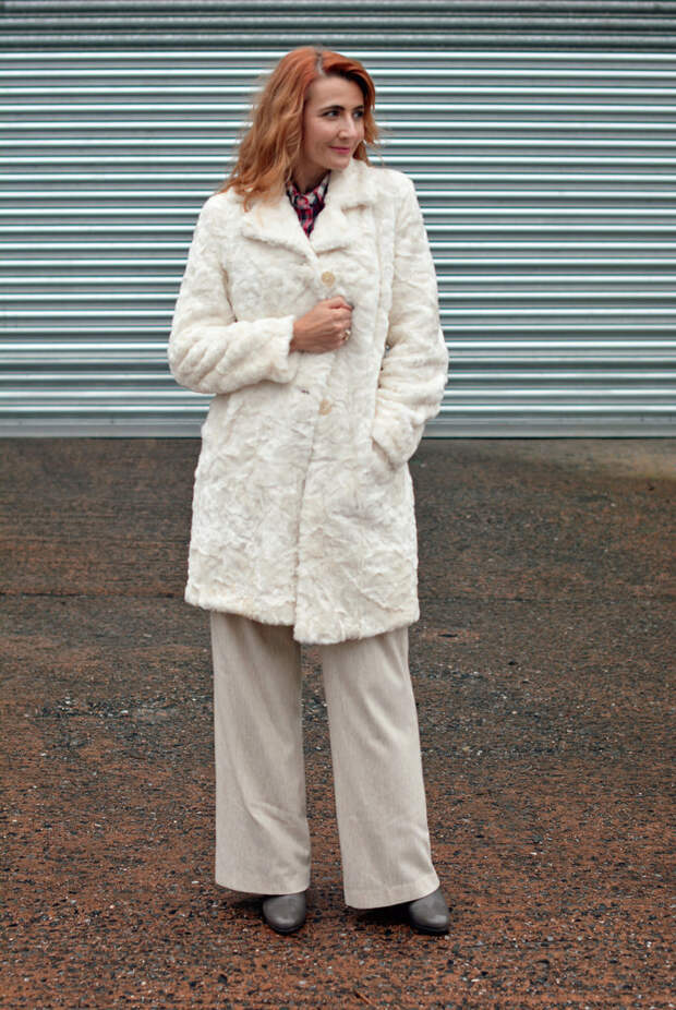 White teddy bear fur coat, wide leg trousers | #WearingMyWeddingDress