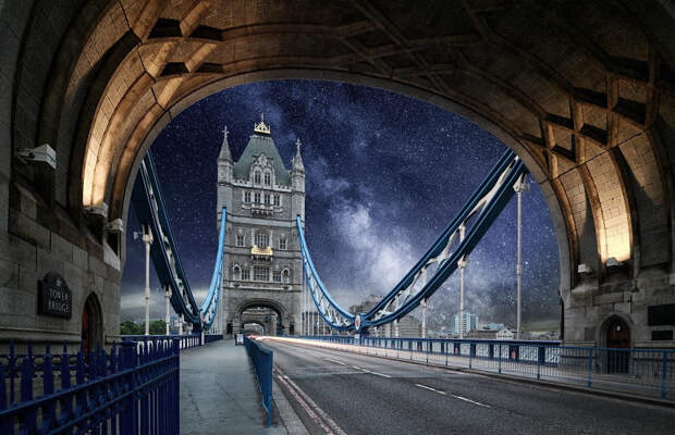Тауэрский мост, Лондон,Великобритания  астрономия, день, звезды, небо
