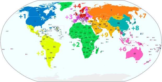 Карта мира, отображающая распределение телефонных кодов