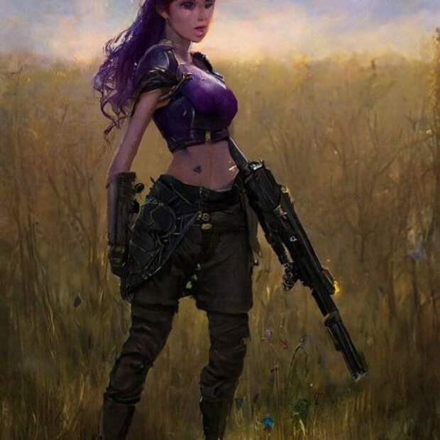 Нейросеть «Шедеврум» от Яндекса. Девушка с фиолетовыми глазами стоит на поле и держит ружье по версии «Шедеврума». Нейросеть «Шедеврум» от Яндекса. Девушка с фиолетовыми глазами стоит на поле и держит ружье по версии «Шедеврума». Фото.