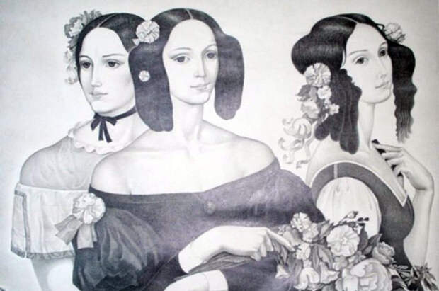 Сестры Гончаровы: Екатерина, Александра, Наталья. Арсенин Д.Д., карандаш