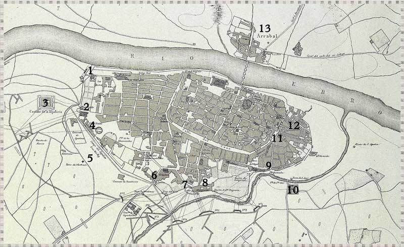 План Сарагосы в 1808 году. 1. Ворота Санчо. 2.Ворота Портильо. 3. Замок Альхаферия. 4. Кавалерийские казармы. 5. Эрас-дель-Рей. 6. Ворота Кармен. 7. Ворота Санта-Энграсия. 8. Монастырь Санта-Энграсия. 9. Ворота Кэмада. 10. Монастырь Сан-Хосе. 11. Район Магдалена. 12. Район Тенериас. 13. Аррабал - Испанский Сталинград XIX века | Военно-исторический портал Warspot.ru