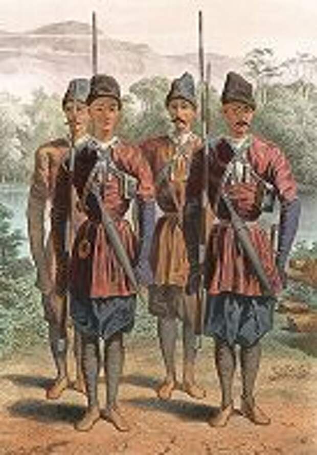 Грузинские ополченцы из города Закаталы (лезгинская ветвь). "Costumes du Caucase", л. 37, Париж, 1840-е гг. 