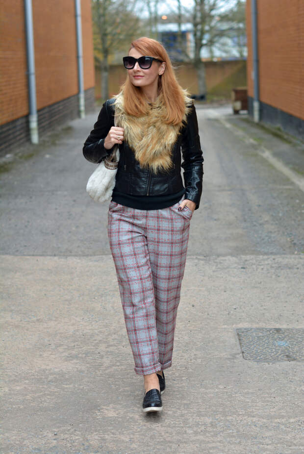 Faux fur collar, biker jacket, plaid pants, black slip-on shoes