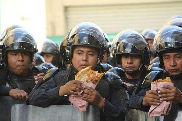 Мексиканские полицейские во время протестов перекусывают национальными лепёшками кесадилья интересно, люди, мир, подборка, фотографии