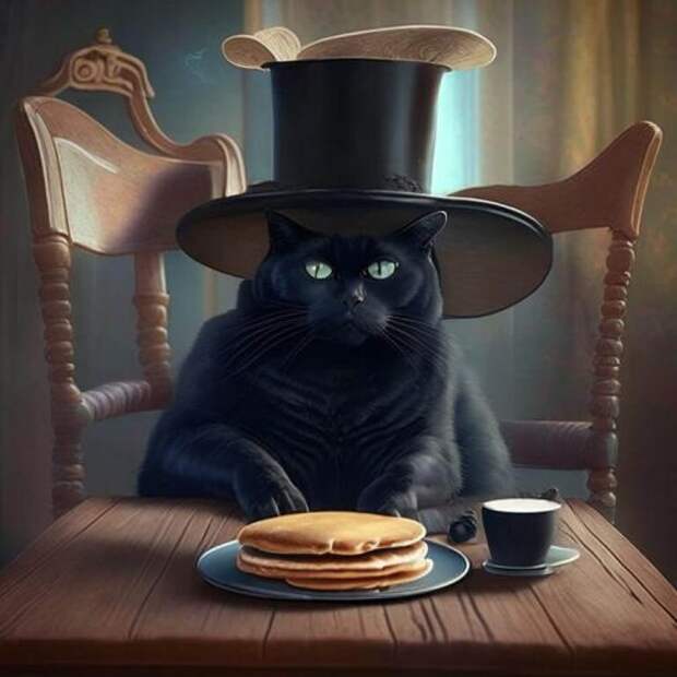 Нейросеть Kandinsky 2.1 от Сбера. Черный кот сидит в кресле в шляпе и ест блины по версии Kandinsky 2.1. Нейросеть Kandinsky 2.1 от Сбера. Черный кот сидит в кресле в шляпе и ест блины по версии Kandinsky 2.1. Фото.