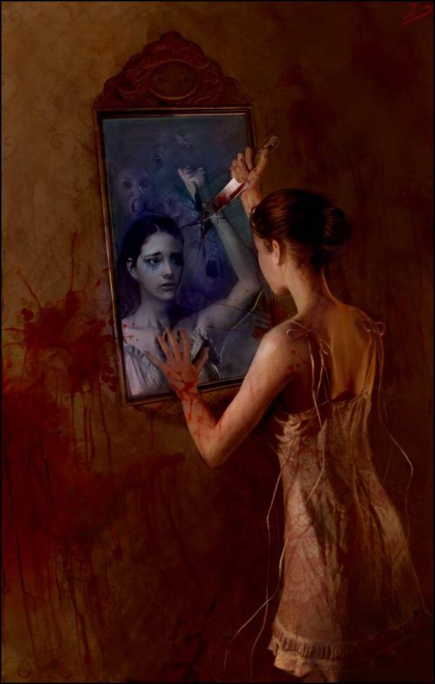 Девушка с ножом перед зеркалом