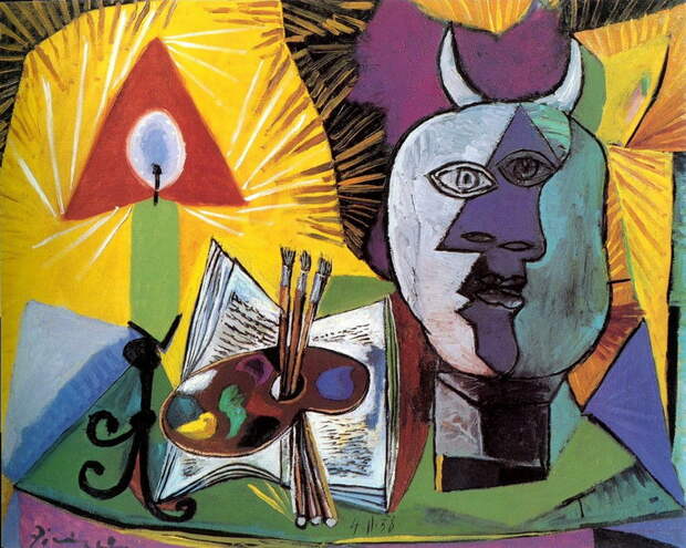 Пабло Пикассо. Свеча, палитра, голова Минотавра. 1938 год